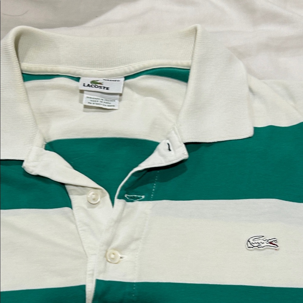 Vintage inspired Lacoste Green and White Striped Men's Polo Shirt